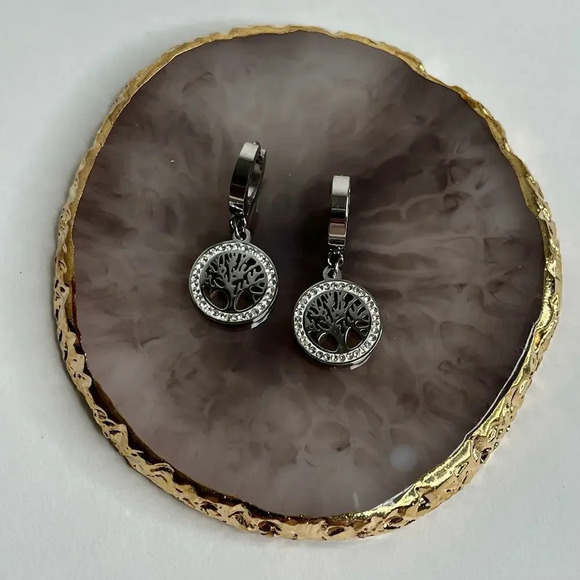 Stainless Steel Silver Plated Cubic Zirconia Tree Earrings - Picture 2 of 5